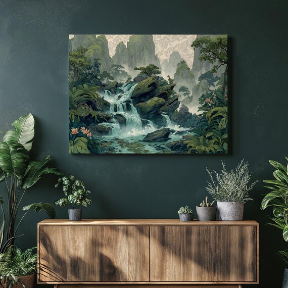 Tropical Waterfall Landscape Canvas Wall Art Misty Mountain Botanical Print With Orchids Lily Pads Greenery Decor