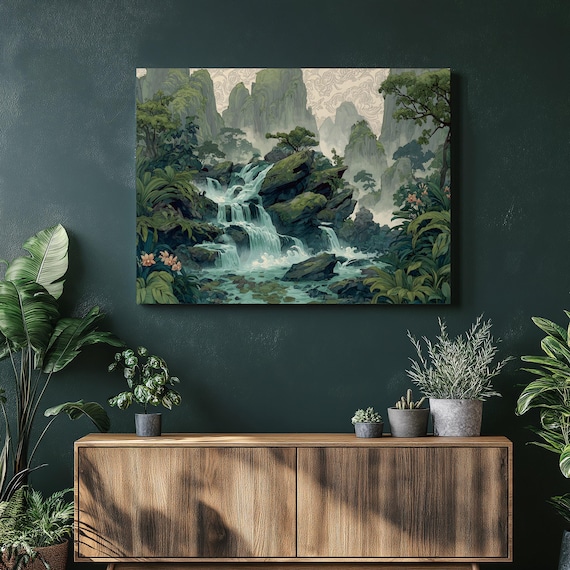 Tropical Waterfall Misty Mountain Jungle Botanical Landscape Poster