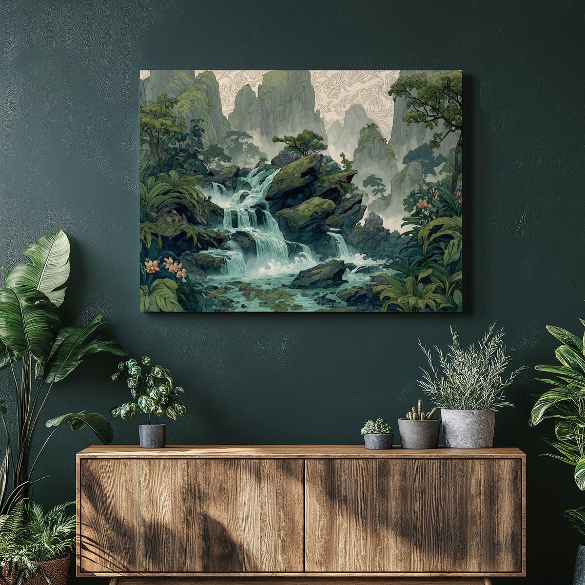 Tropical Waterfall Misty Mountain Jungle Botanical Landscape Poster