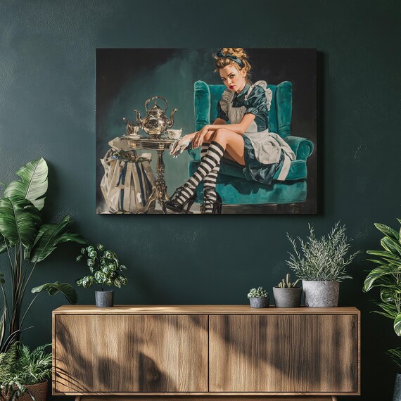 Retro Tea Maid Vintage Dress Silver Teapot Portrait Wall Poster