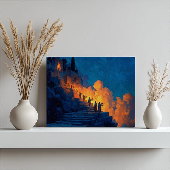 Mystical Lantern Steps Canvas Wall Art Twilight Horizon At Dawn Ancient Temple Monks Light Colorful Cloudscape Spiritual Decor