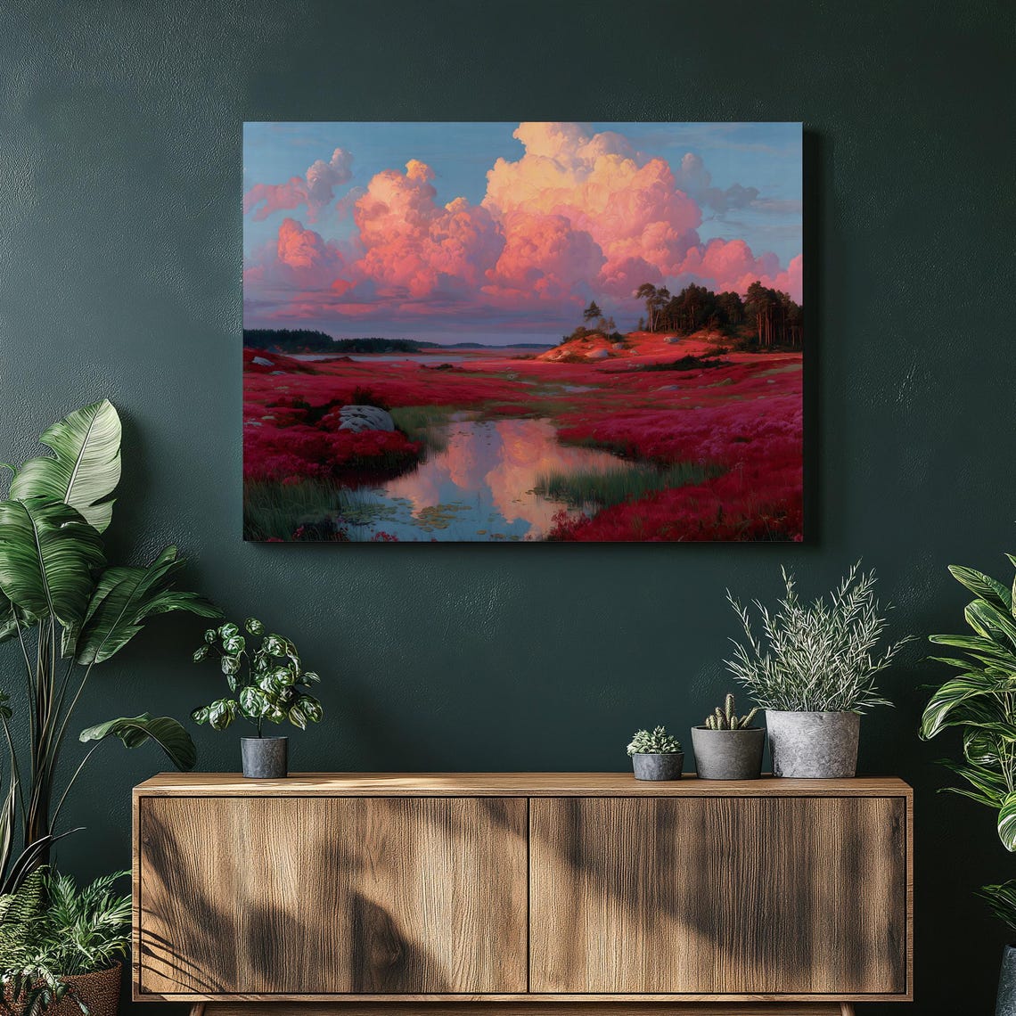 Crimson Marsh at Sunset with Pink Clouds Reflected Sky Wall Art