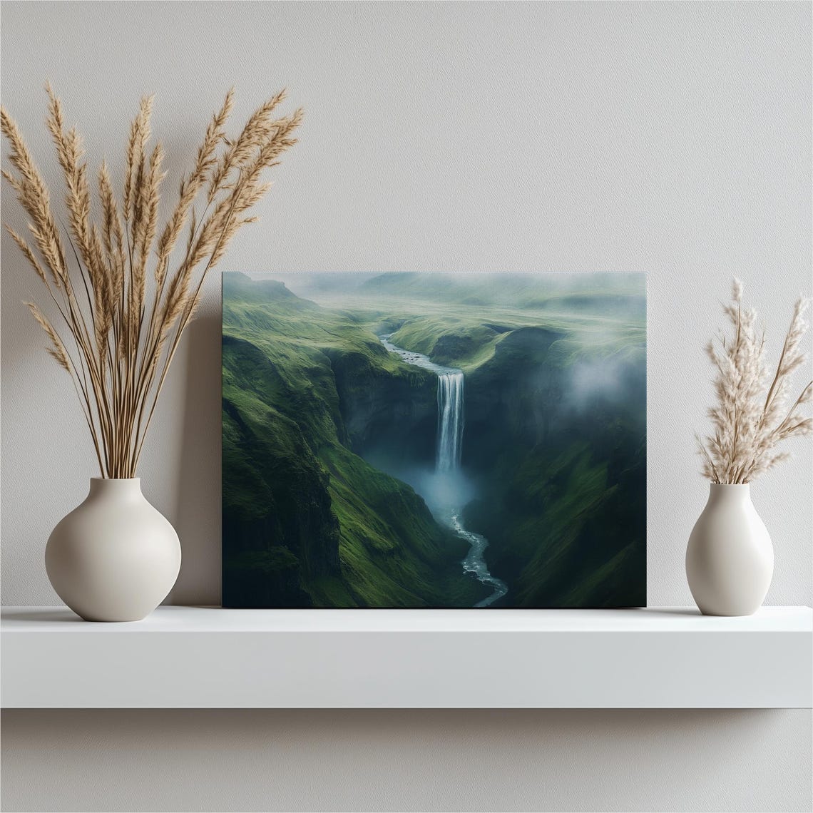 Emerald Canyon Waterfall Plunging Into Misty Green Gorge Poster