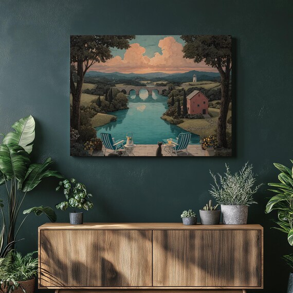 Peaceful Riverside Terrace With Arched Bridge Landscape Print