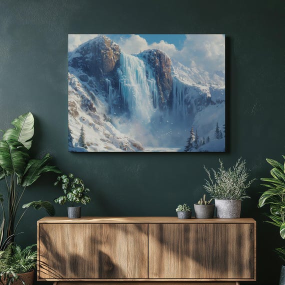 Waterfall Wall Art Canvas Frozen Snowy Scene Ice Mountain Landscape Nature Artwork Winter Home Decor