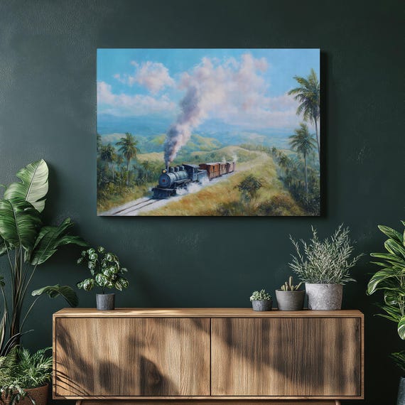 Vintage Steam Train Canvas Wall Art Tropical Landscape Palm Trees Blue Sky Railroad Tracks Print Locomotive Gift Decor