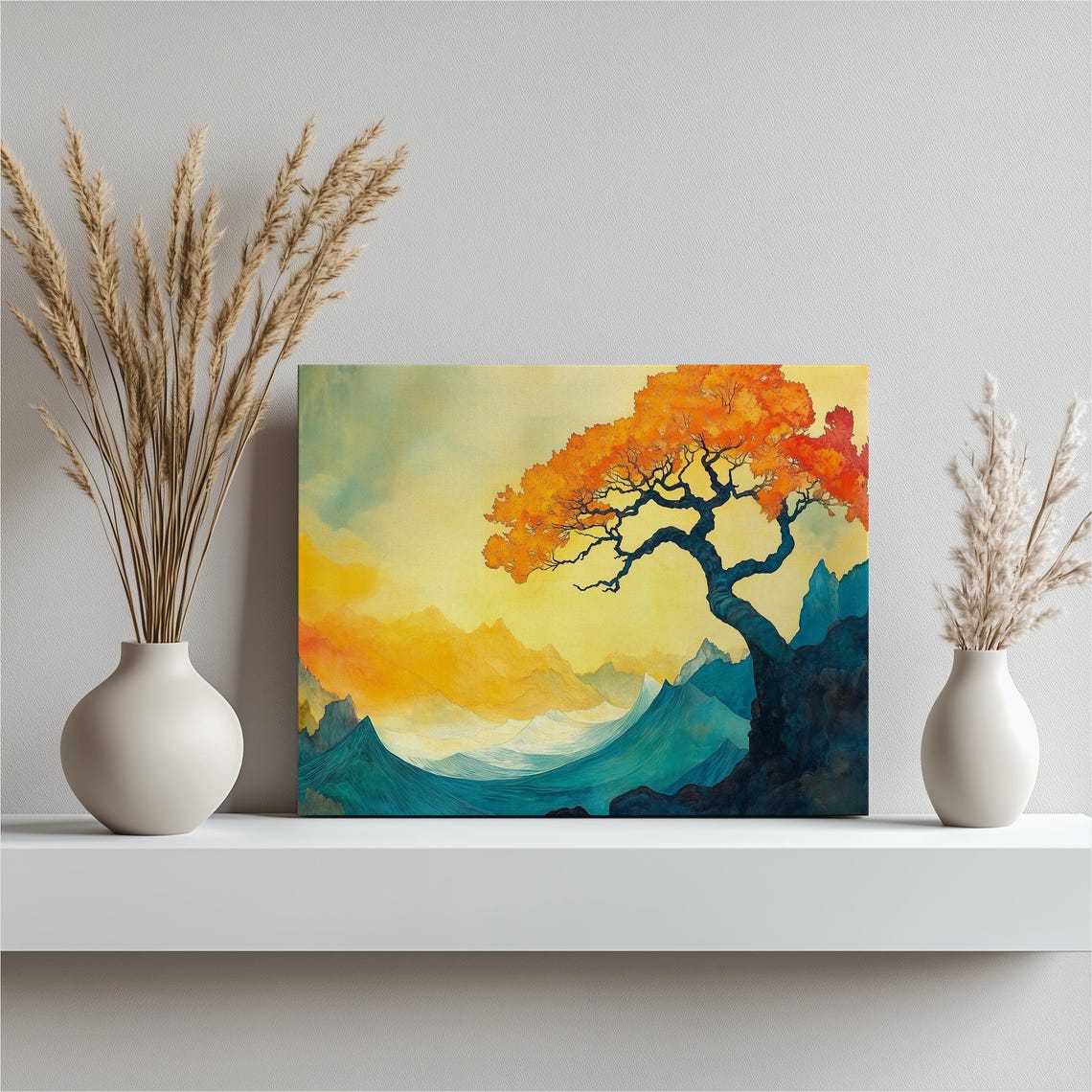 Stylized Teal Wave With Orange Tree Modern Coastal Ocean Art Poster