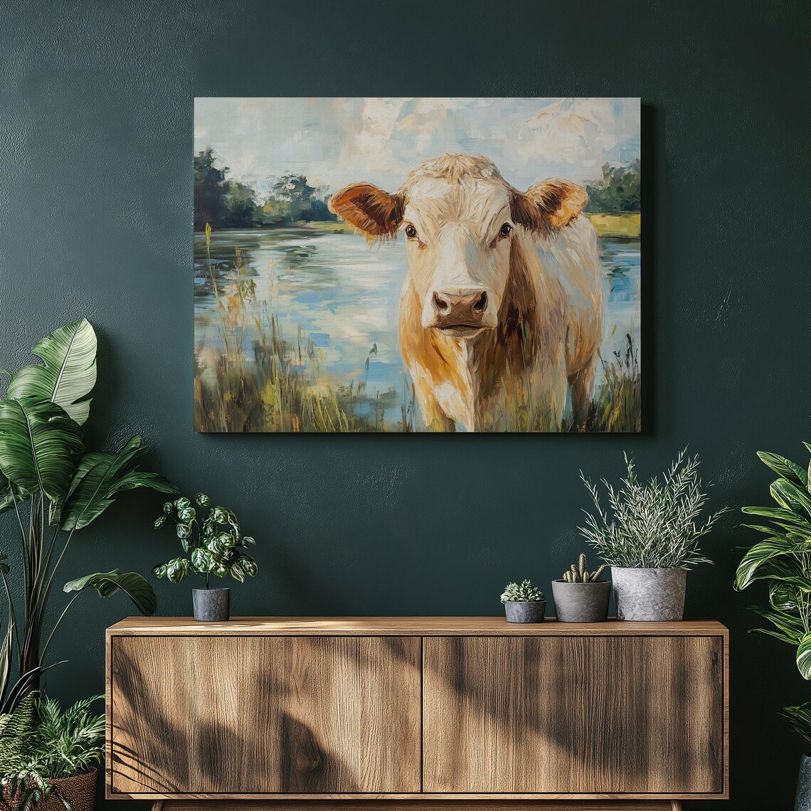 Maine Anjou Cow by the River Pastoral Farmhouse Cattle Painting Poster