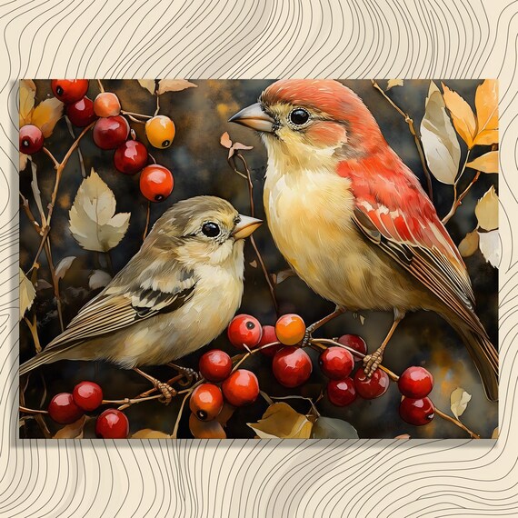 Mother Finch And Chick Autumn Berries Watercolor Bird Poster