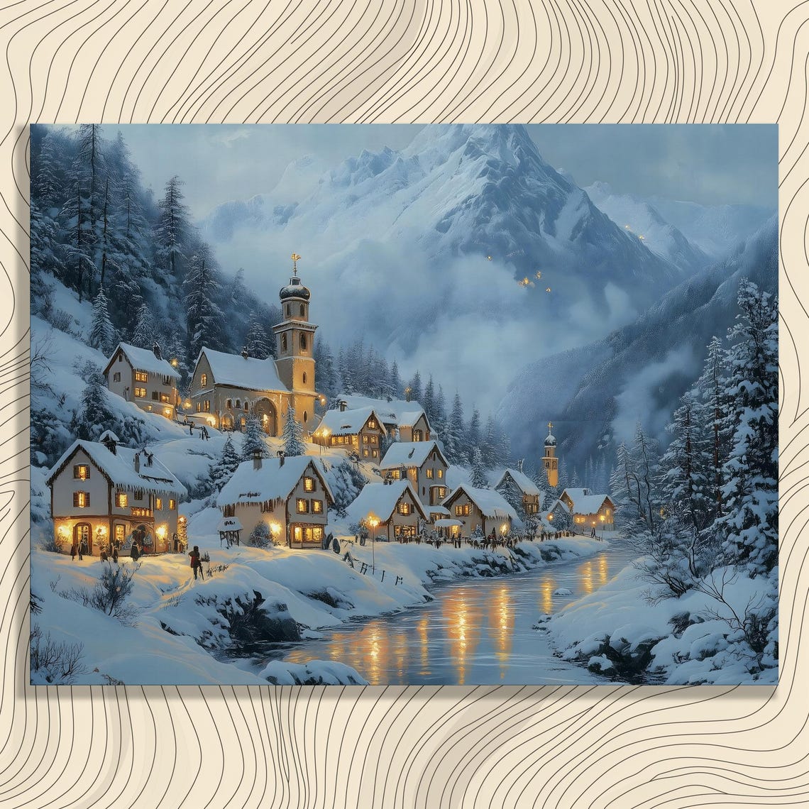 Snowy Winter Village Church River Lights Alpine Christmas Scene Poster