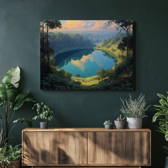 Serene Crater Lake Canvas Wall Art Tranquil Water Reflection Forest Landscape Nature Scene Decor Print Poster Hanging