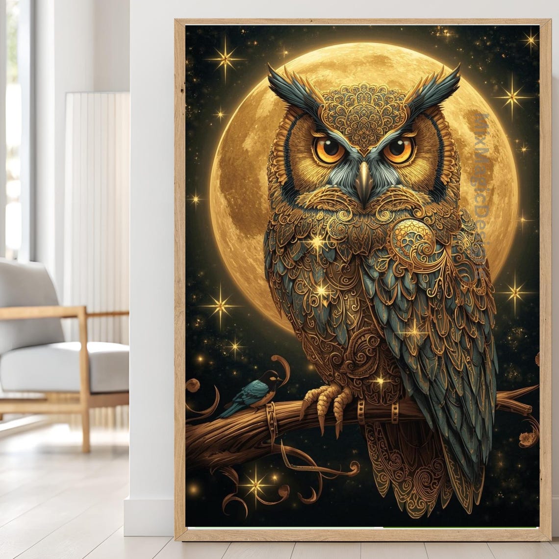 Golden Owl Full Moon Night Sky Art Print for Cozy Home Decor