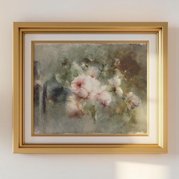 Soft Pink Roses Print Vintage Rose Oil Painting Flower Print Farmhouse Decor Floral Still Life Moody Botanical Art