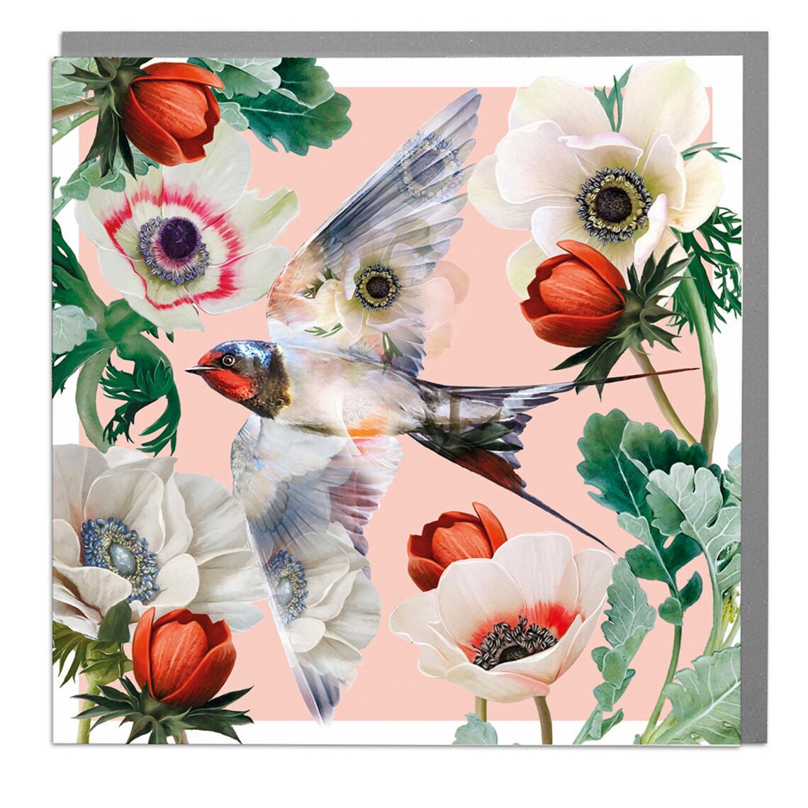 Swallow With Anemone Flowers, Botanical Art Print