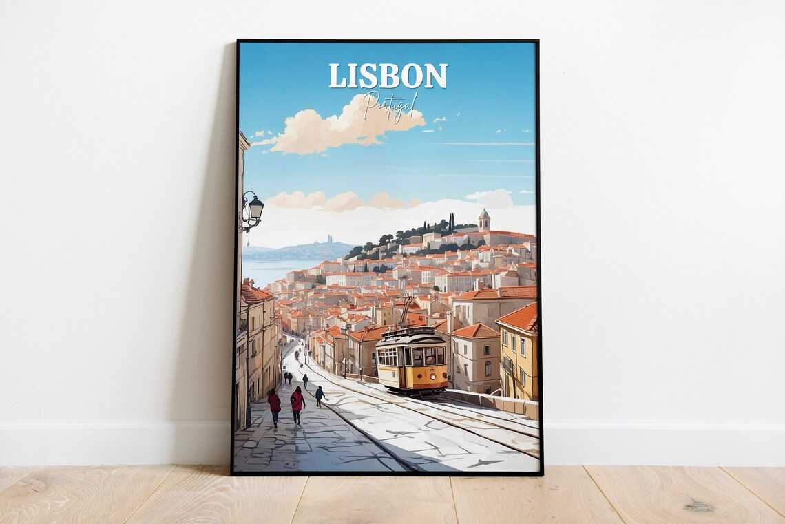Lisbon Portugal Yellow Tram Hill Historic City Travel Scene Art Poster