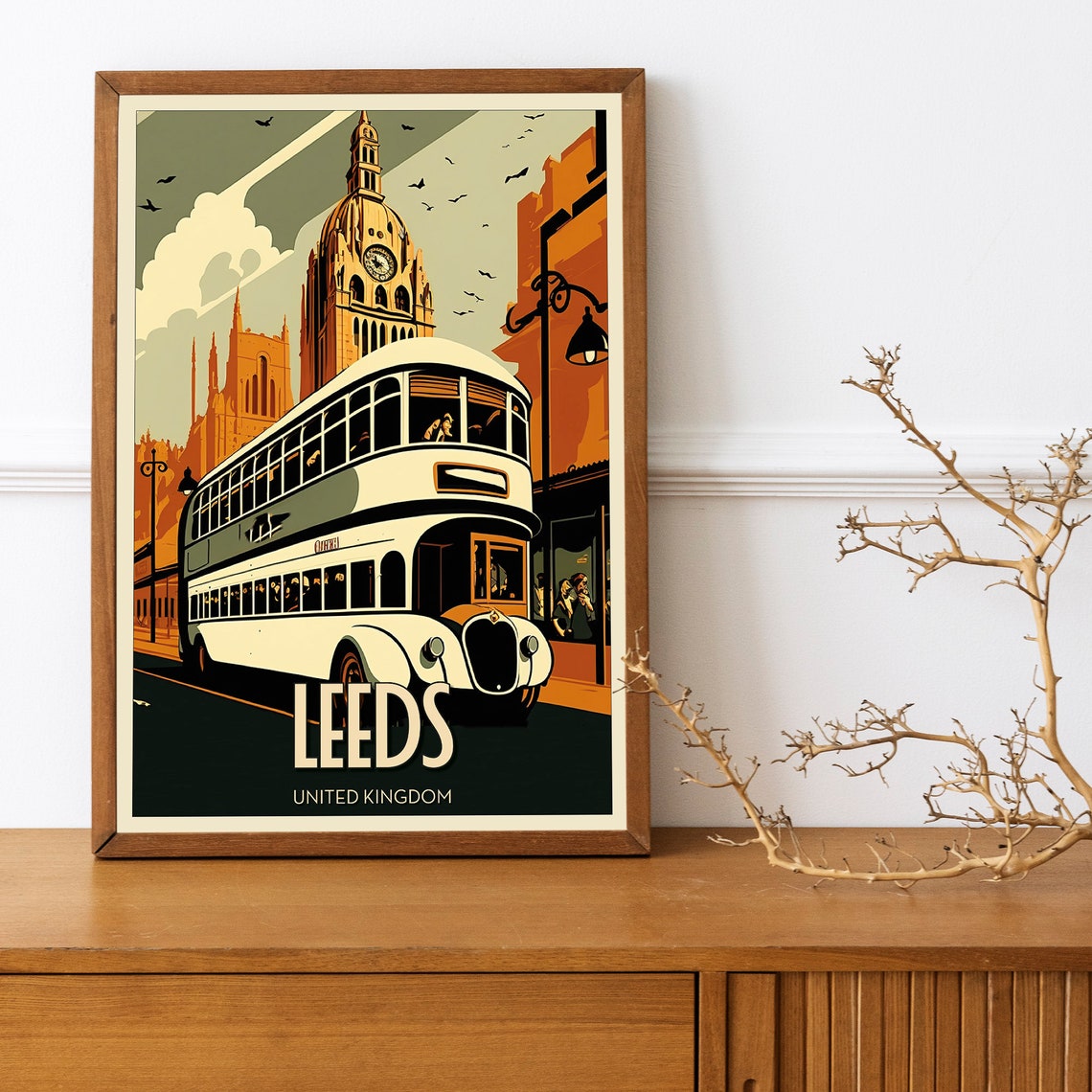 Leeds United Kingdom Double Decker Bus Vintage Travel Poster - Image 2