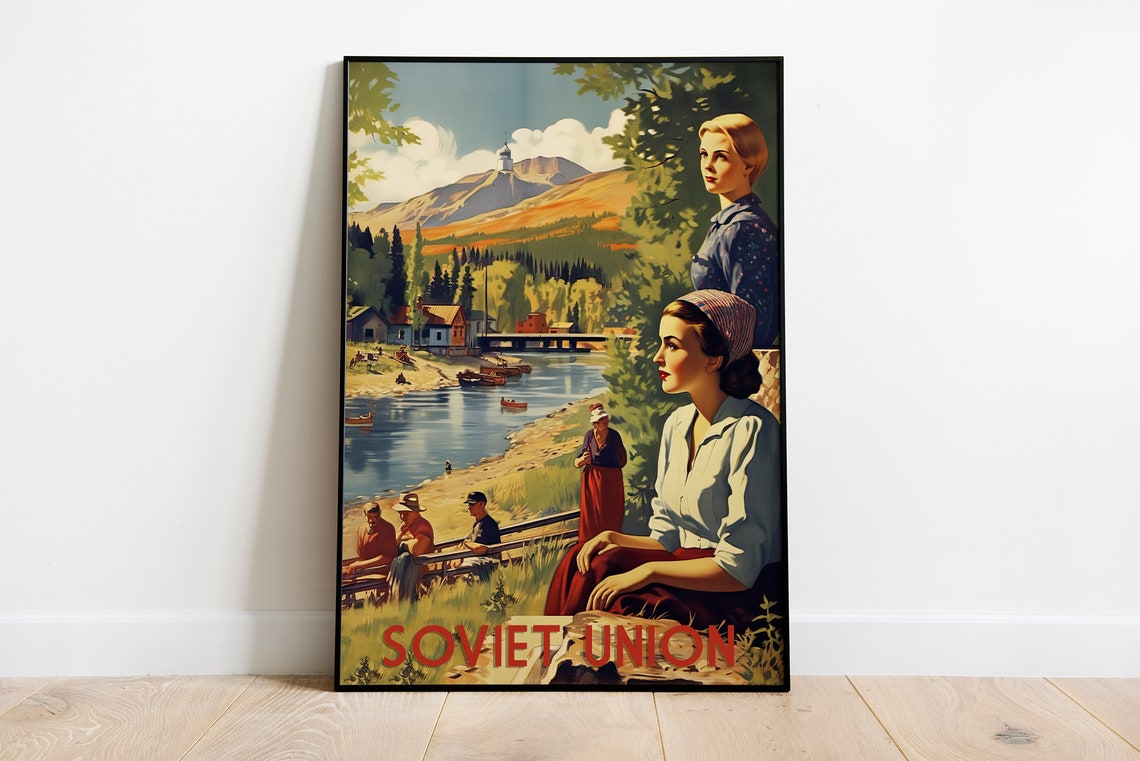 Soviet Union 1950s Retro Riverside Mountain Village Vintage Poster