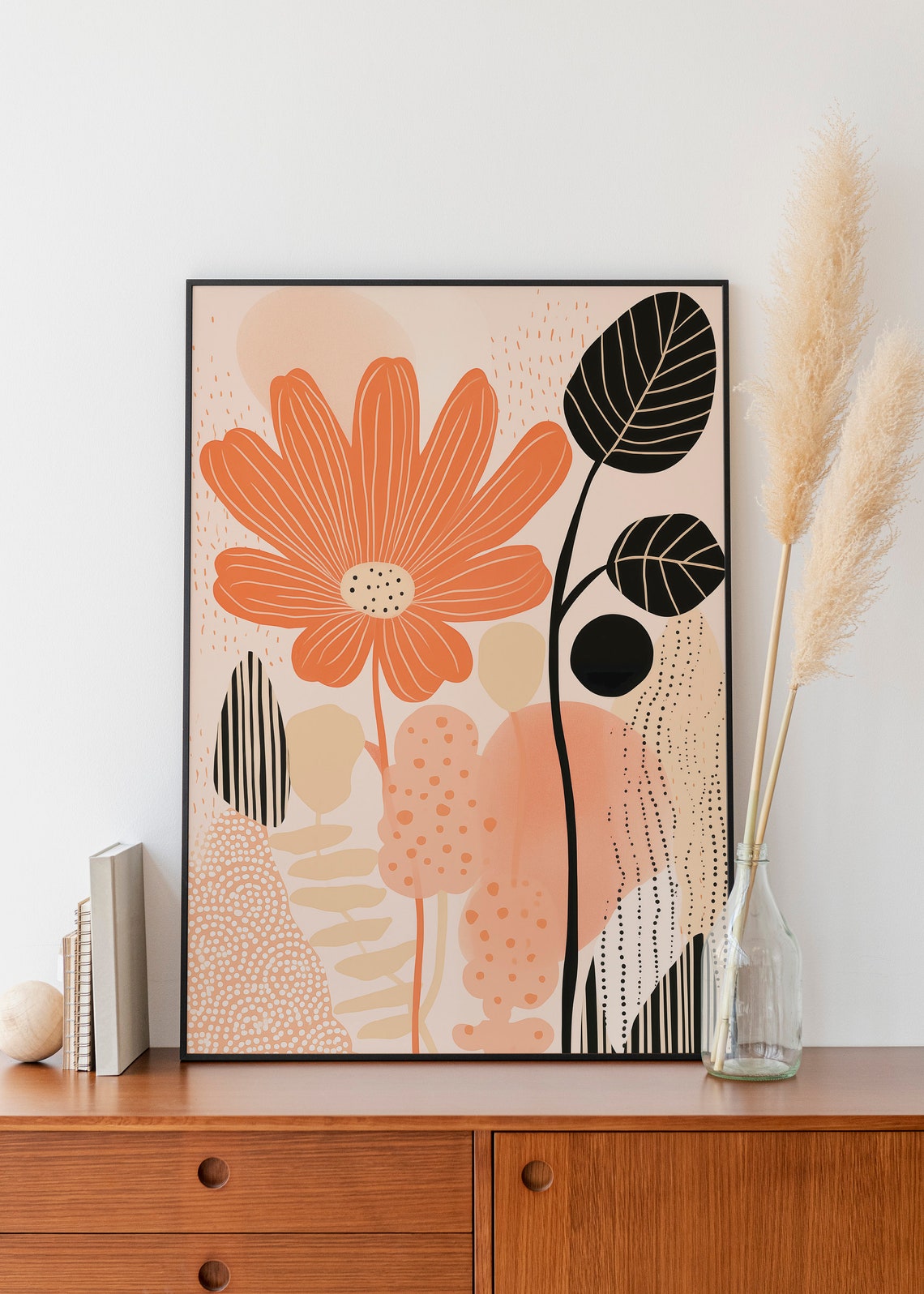 Boho Daisy Flower Abstract Orange Bloom Black Leaves Modern Art Poster