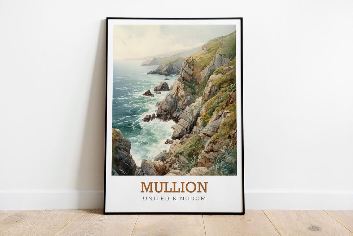 Mullion Cornwall Rocky Coastline Watercolor United Kingdom Poster