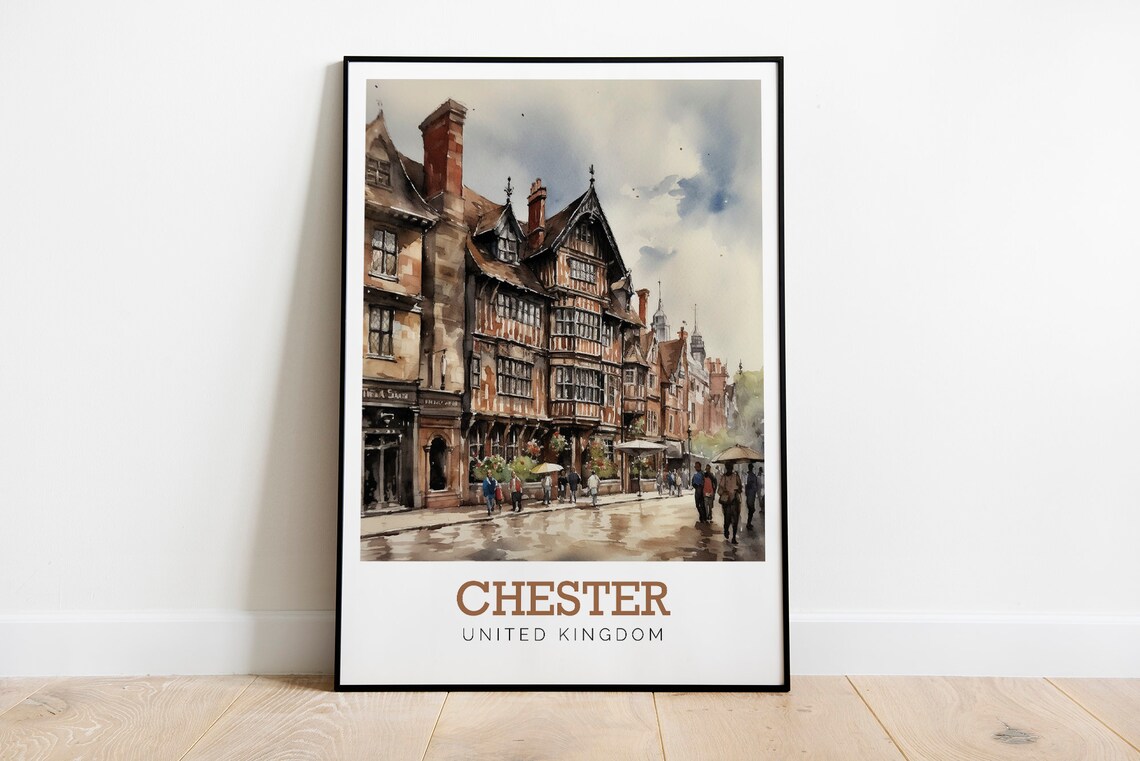 Chester United Kingdom Timbered Tudor Street Watercolor Art Poster