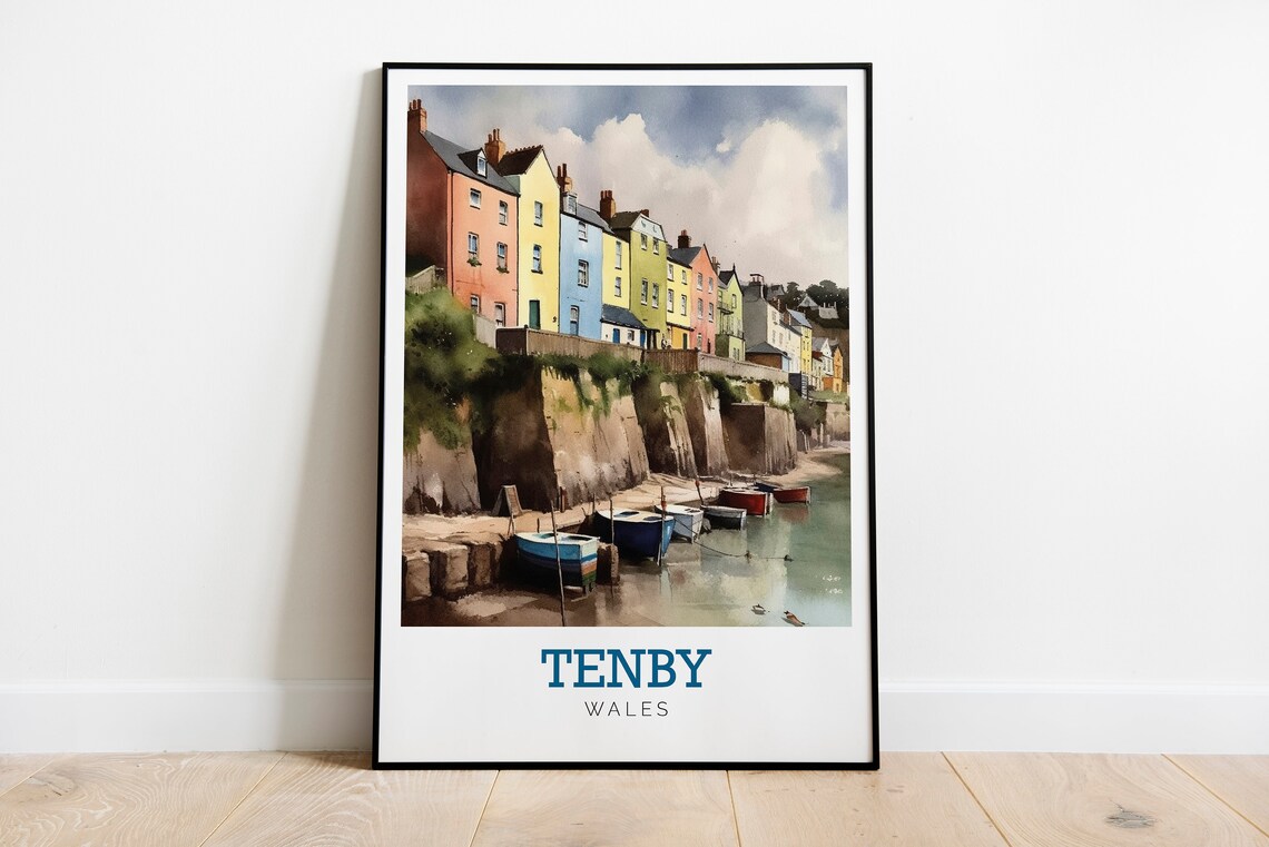 Tenby Wales Colorful Harbor Houses Watercolor Art Travel Poster - Image 3