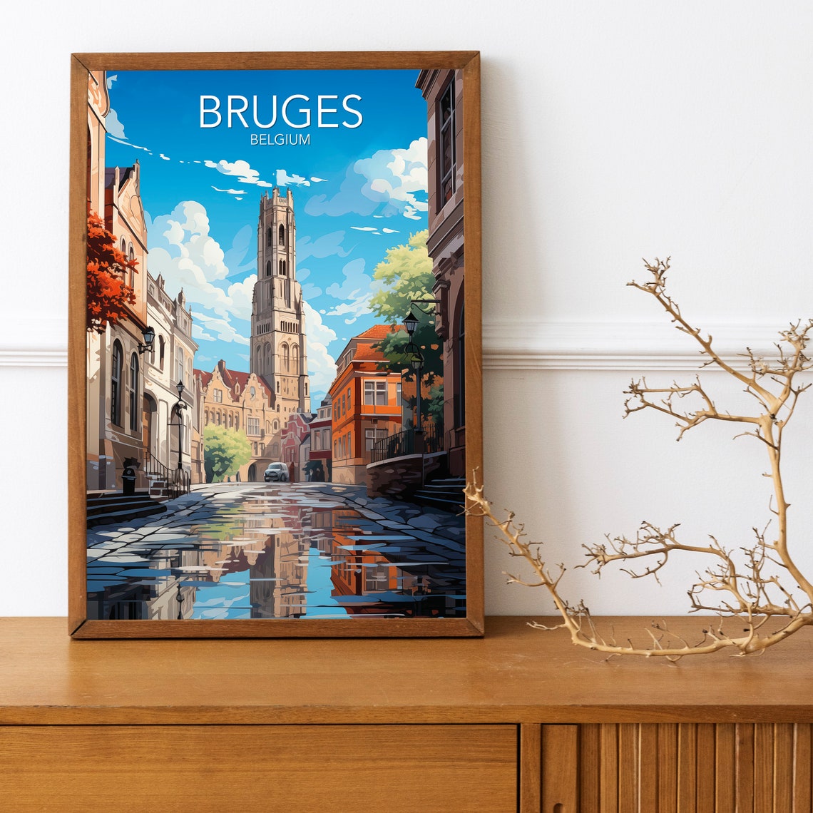 Bruges Belgium Belfry Tower Cobblestone Street Travel Poster