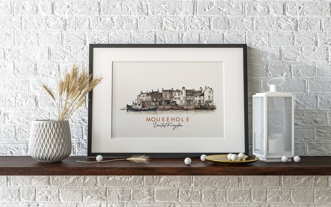 Mousehole United Kingdom Fishing Harbor Boats Ink Art Poster - Image 2