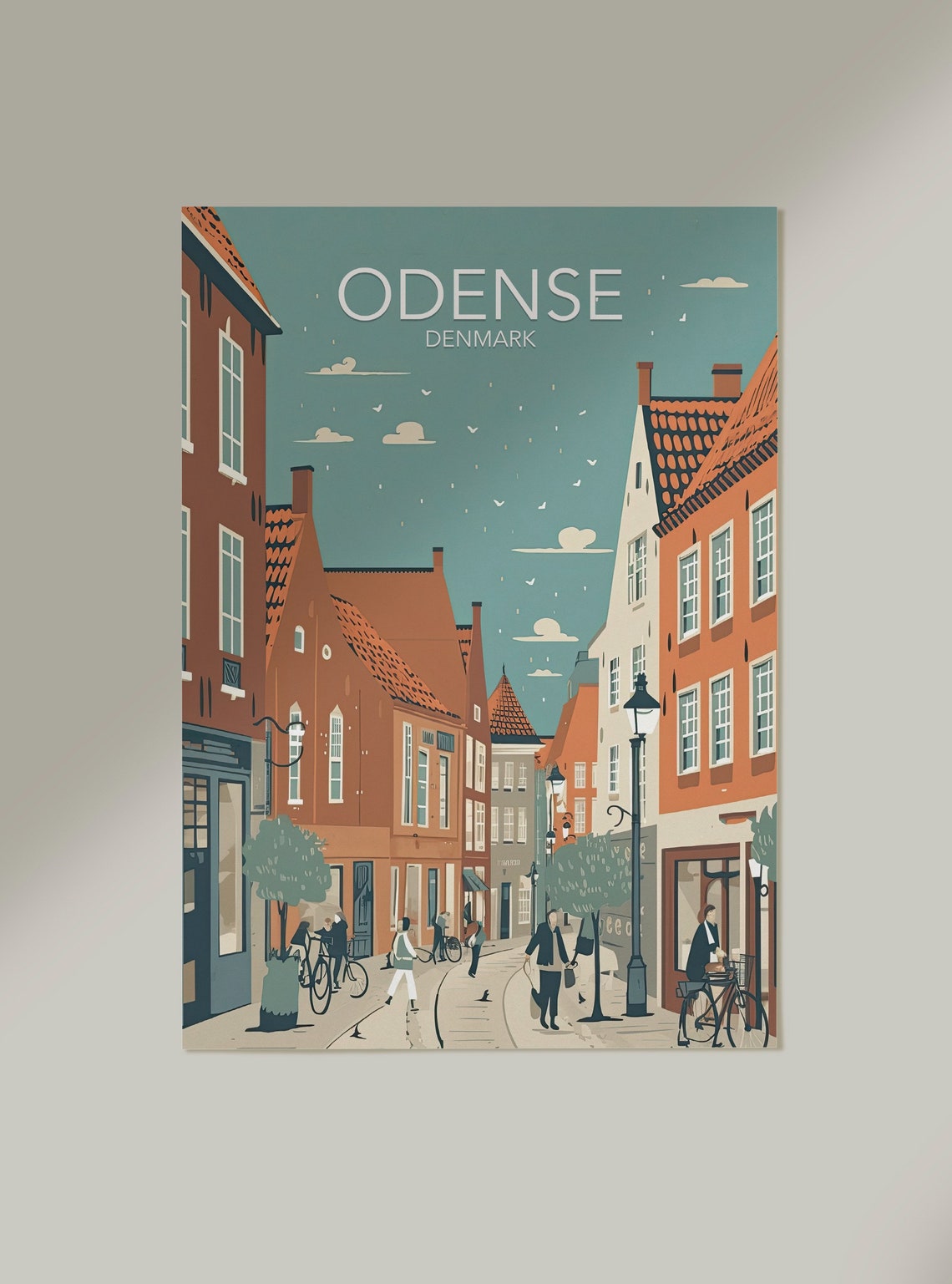 Odense Denmark Old Town Street Bicycles Vintage Travel Art Poster - Image 2