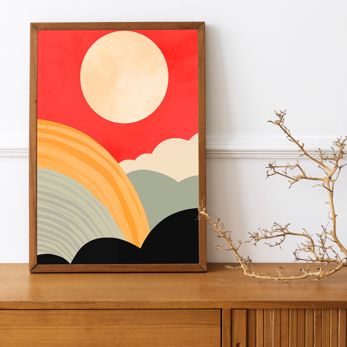Retro Landscape Abstract Cream Sun Red Sky Striped Hills Art Poster - Image 3