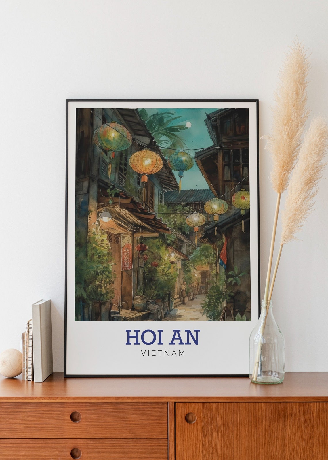 Hoi An Vietnam Glowing Lantern Lit Old Town Night Watercolor Poster - Image 2
