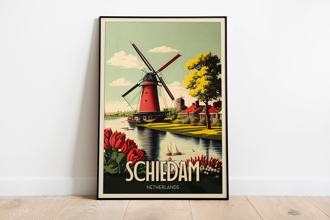 Schiedam Netherlands Red Windmill Tulips Vintage Travel Poster