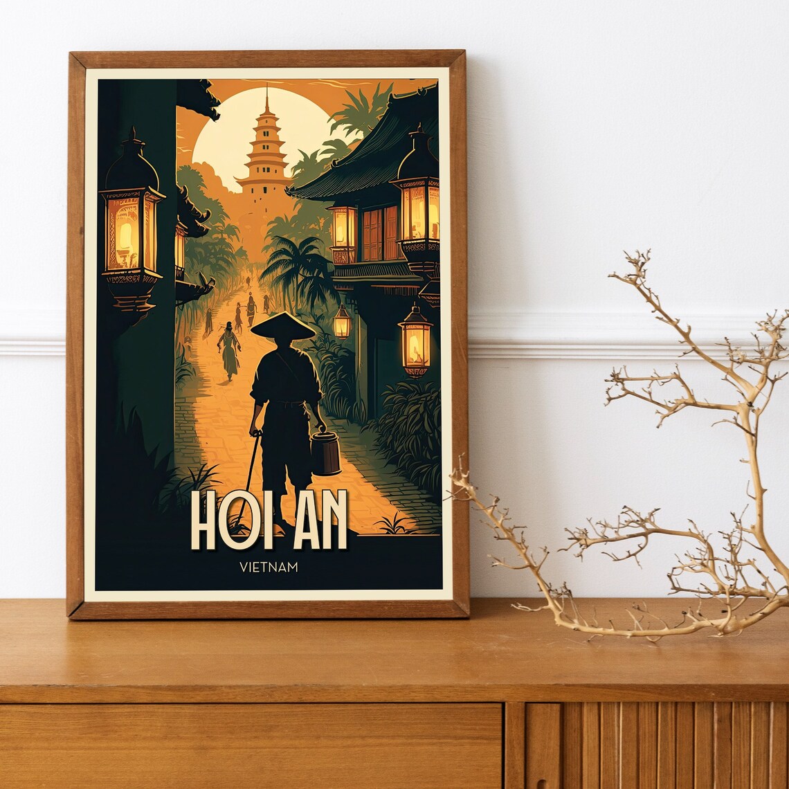 Hoi An Vietnam Golden Lantern Street Night Vintage Travel Poster