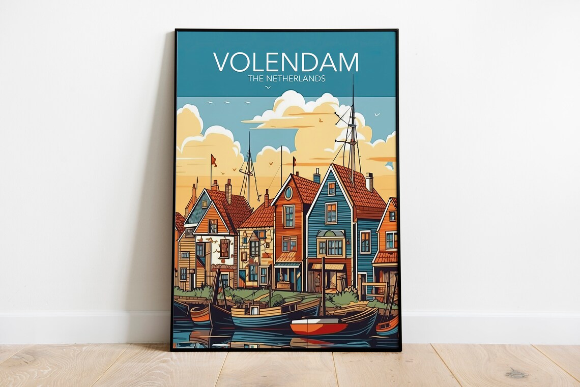 Volendam Netherlands Harbor Houses Boats Vintage Travel Art Poster
