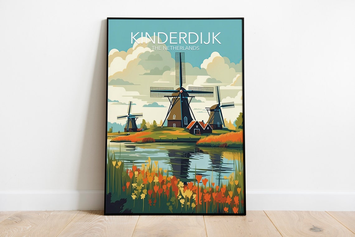 Kinderdijk Windmills Tulip Fields Netherlands Vintage Travel Poster