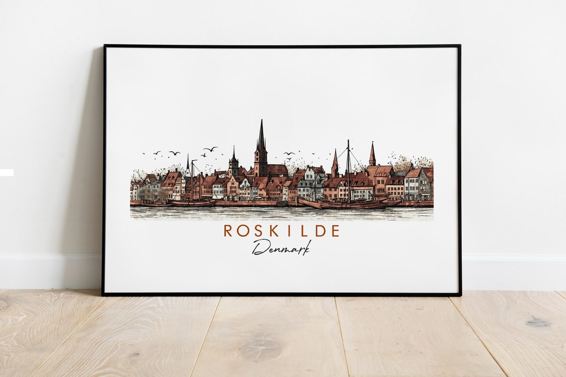 Roskilde Denmark Harbor Sailboats Cathedral Spires Ink Poster