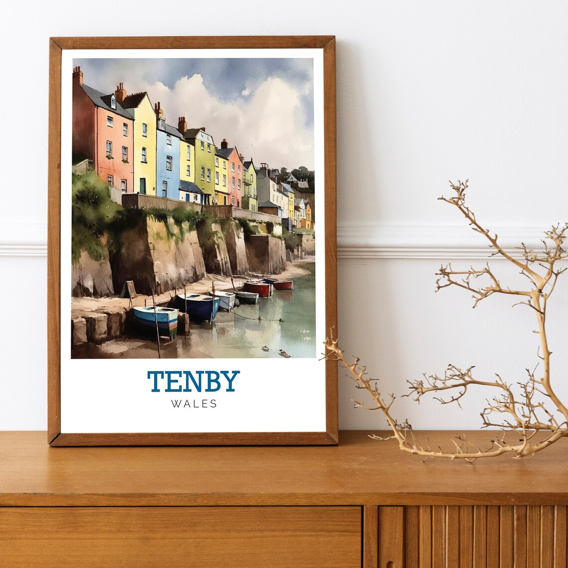 Tenby Wales Colorful Harbor Houses Watercolor Art Travel Poster