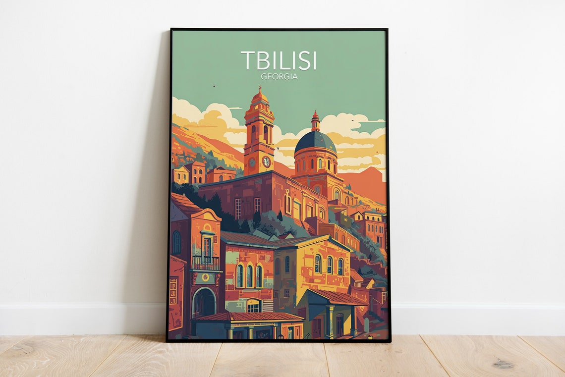 Tbilisi Old Town Georgia Sunset Skyline Vintage Travel Poster