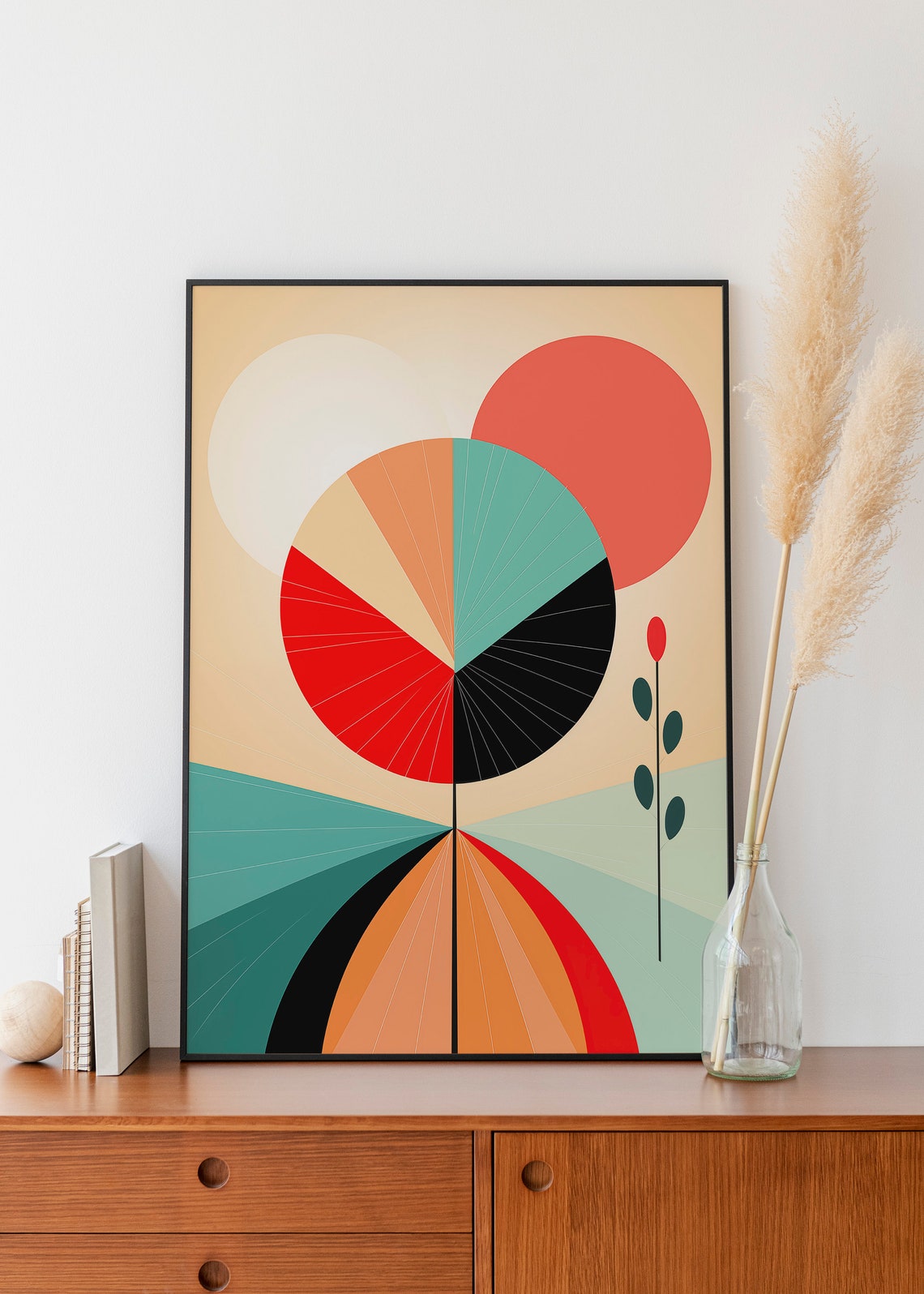 Geometric Sunburst Flower Coral Teal Black Retro Boho Art Print