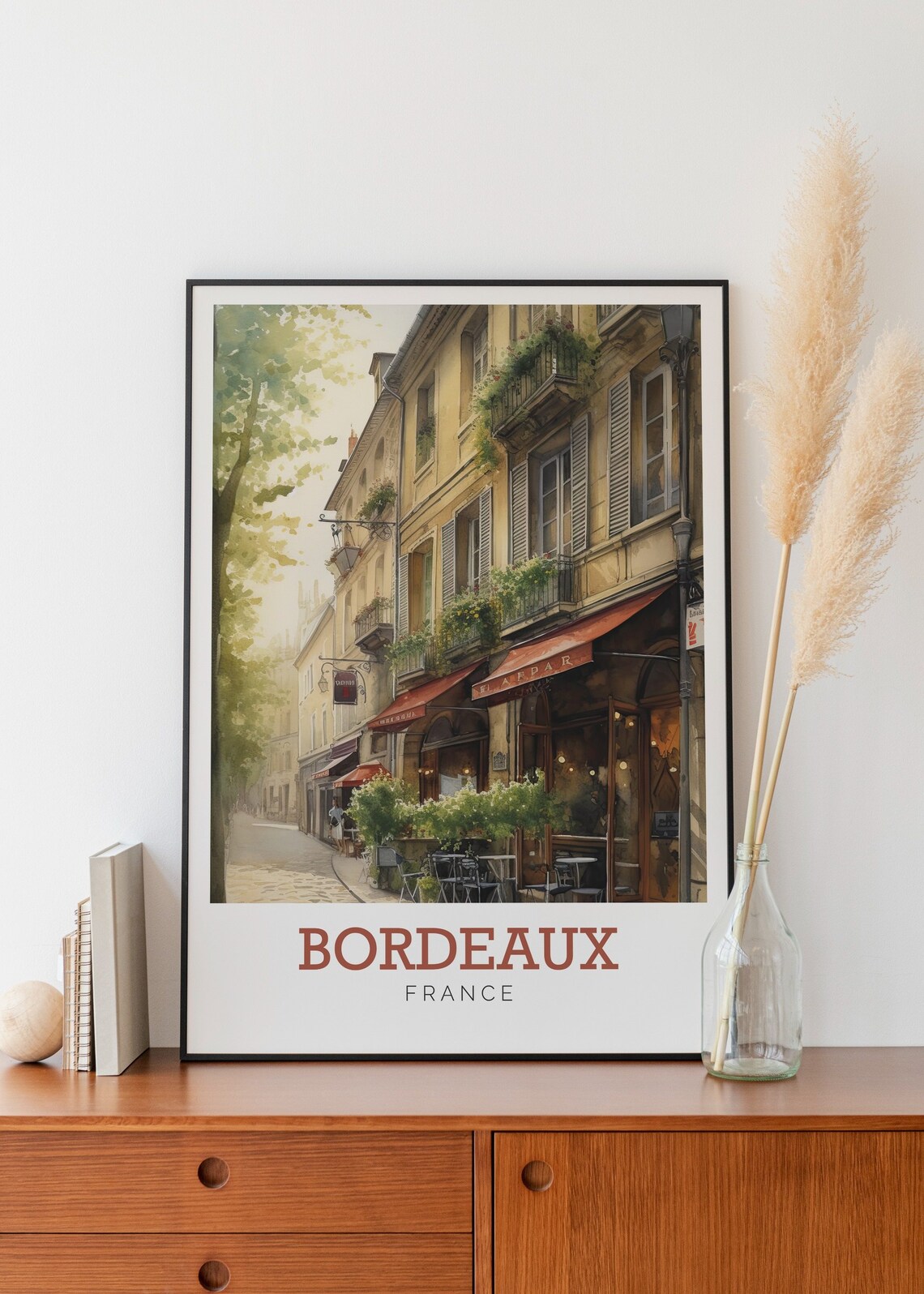 Bordeaux France Cobblestone Cafe Street Watercolor Travel Poster - Image 2