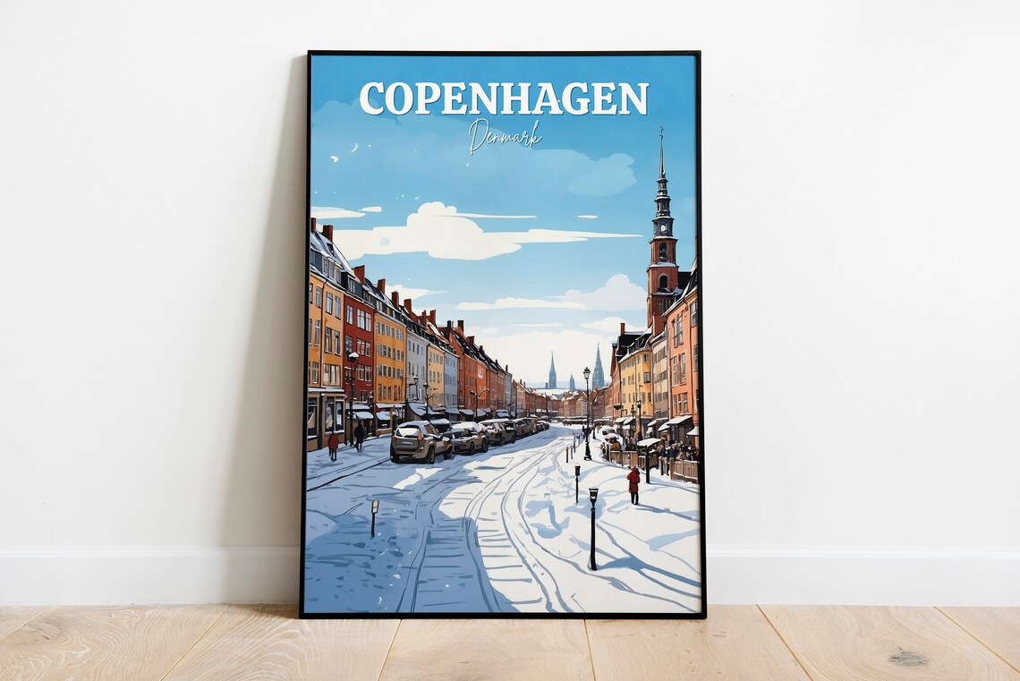 Copenhagen Denmark Snowy Winter Street Colorful Houses Poster