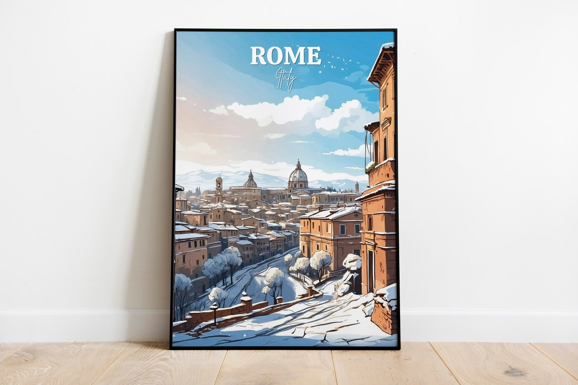Rome Italy Snowy Rooftops Winter City Travel Scene Art Poster Decor