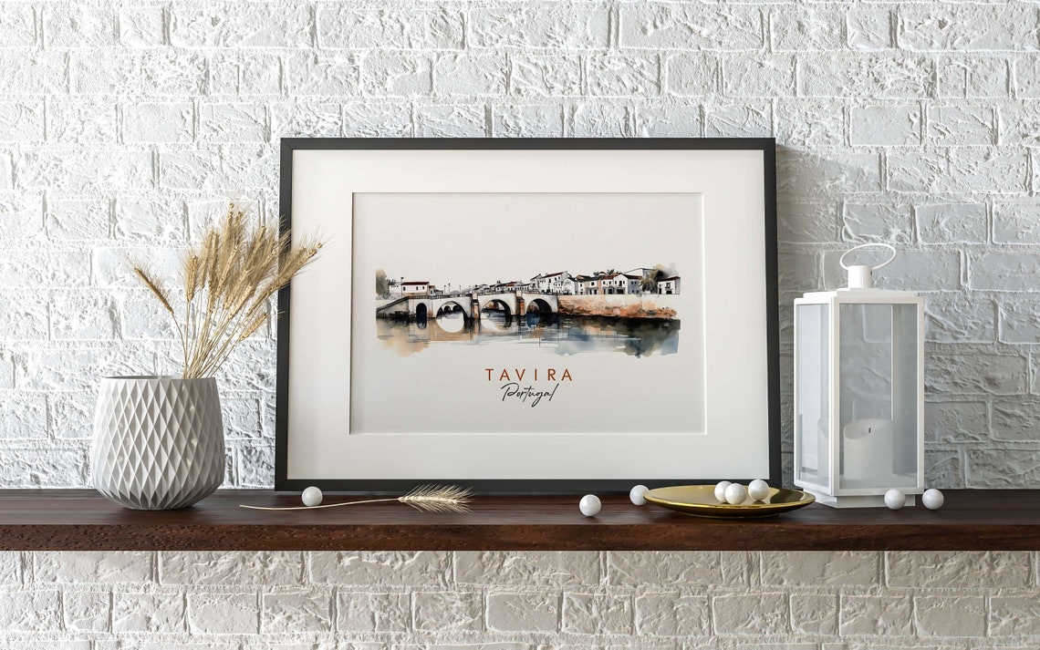 Tavira Portugal Arched Stone Bridge Riverside Watercolor Poster - Image 2
