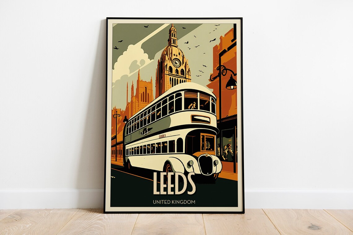 Leeds United Kingdom Double Decker Bus Vintage Travel Poster