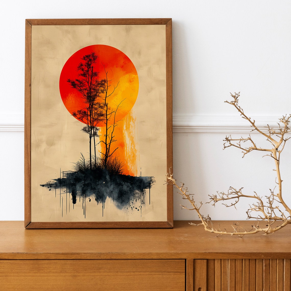 Red Sun Black Tree Silhouette Minimalist Japanese Boho Art Print - Image 3