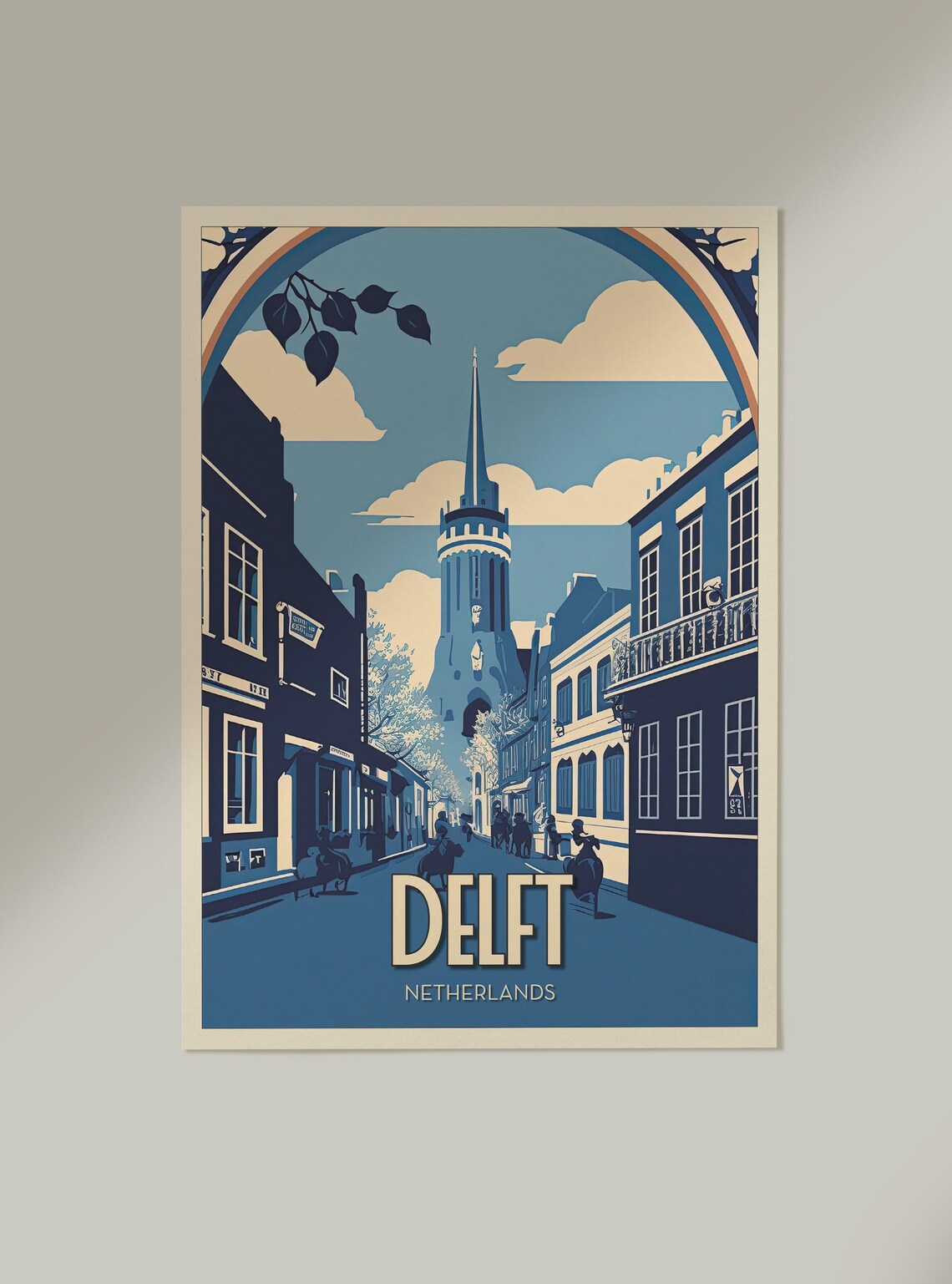 Delft Netherlands Charming Blue Street Church Spire Vintage Poster - Image 2