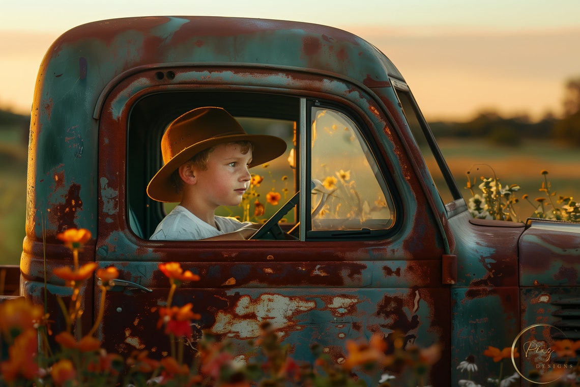Rusty Vintage Truck Boy In Hat Sunset Wildflower Field Scene Poster