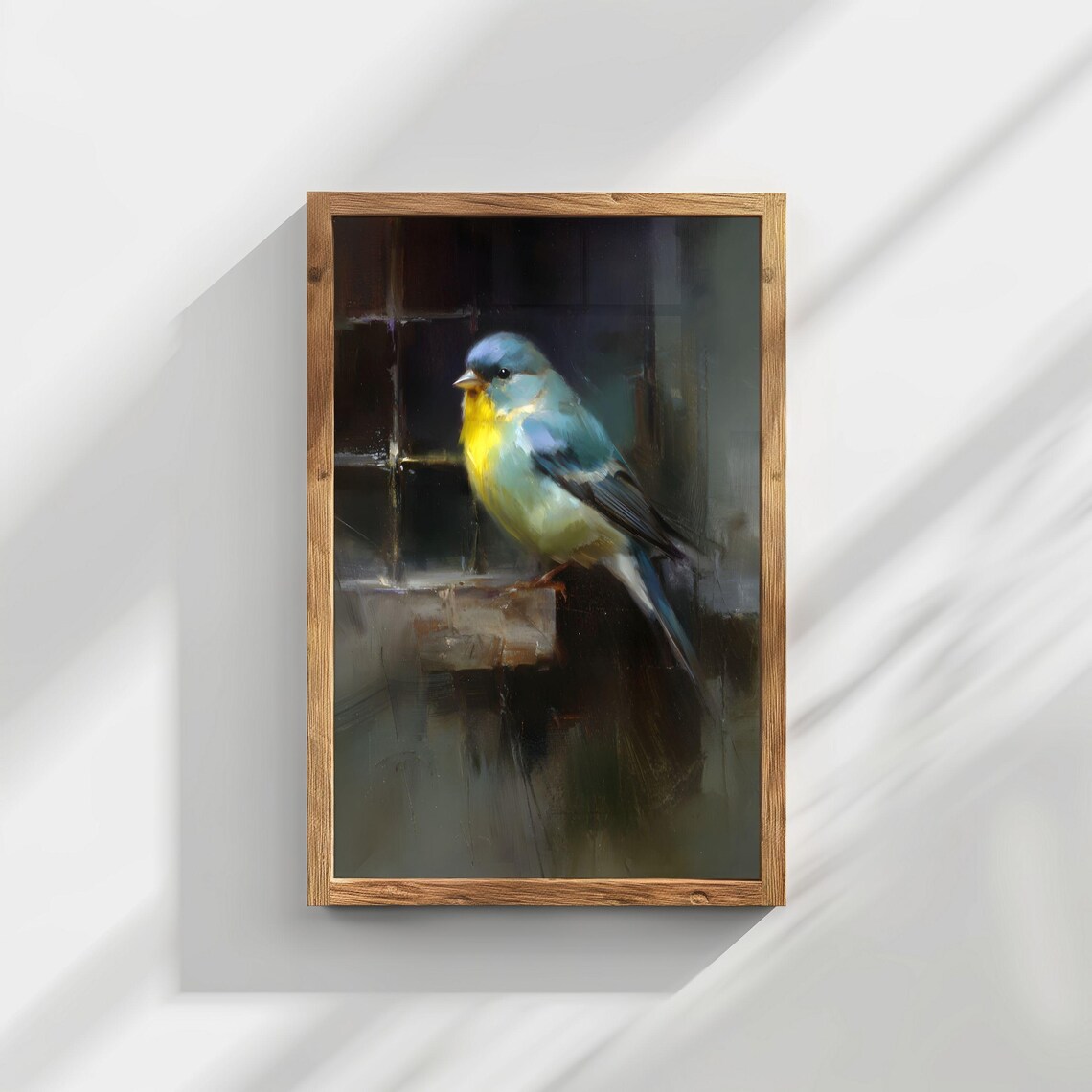 Vintage Blue Songbird Oil Painting Bird On Window Moody Animal Poster