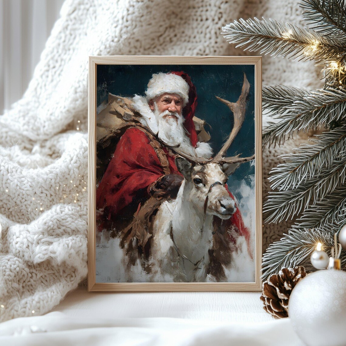 Vintage Santa Claus And Reindeer, Christmas Art Print