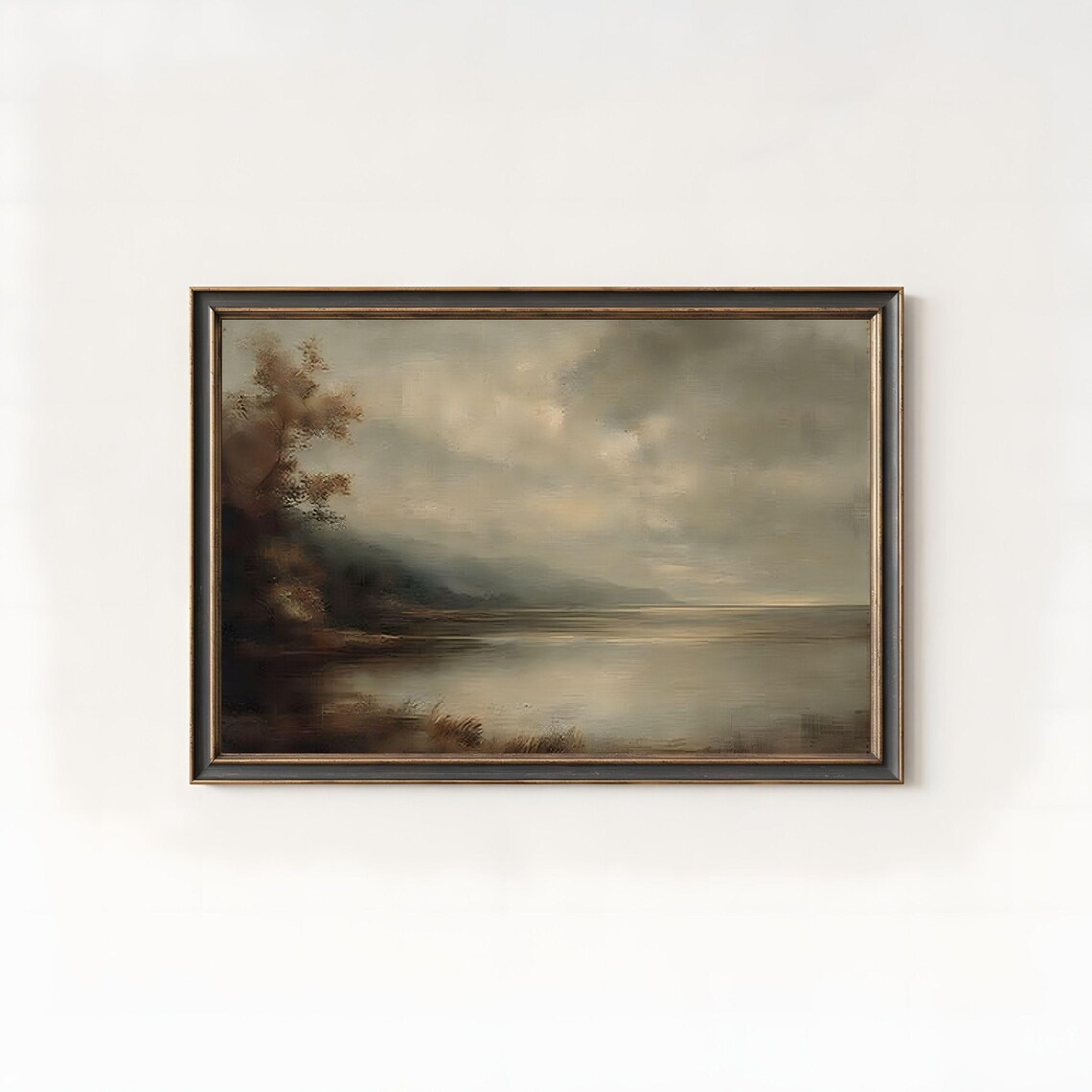 Misty Lake Oil Painting Dark Academia Moody Gray Waterscape Poster