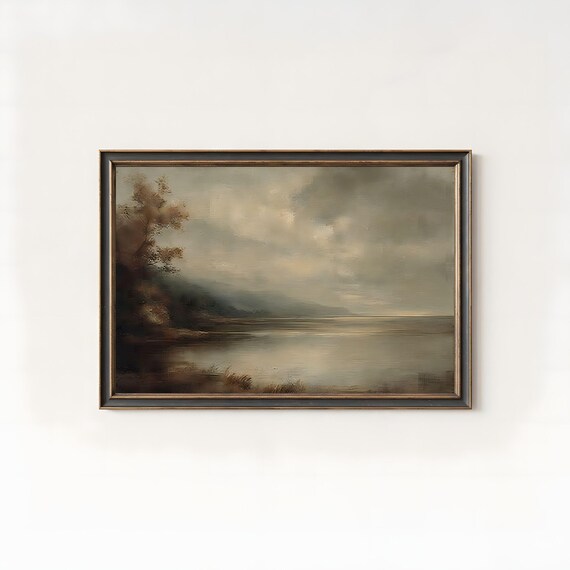 Vintage Misty Lake Oil Painting Dark Academia Landscape Art Print 243
